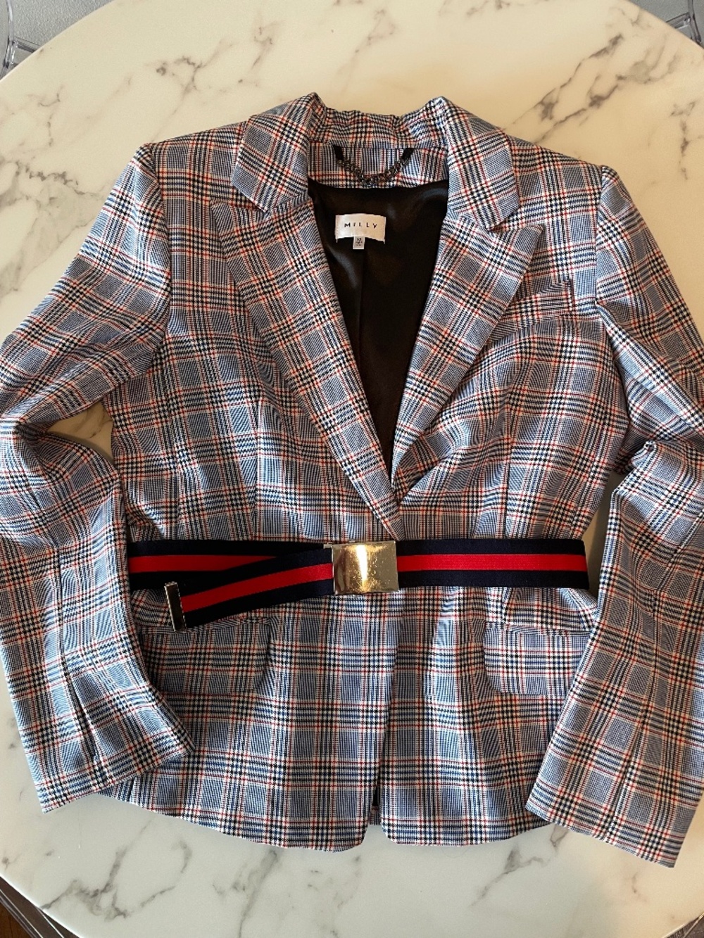 MILLY Virgin Wool Plaid Belted Blazer Size 10 Made in USA